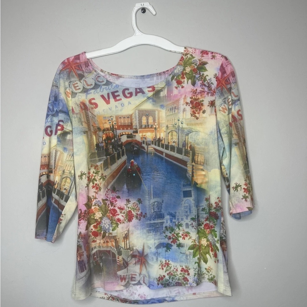 Fantazia Women's Las Vegas Graphic 3/4 Sleeve Top Size L Y2K Vintage Boho